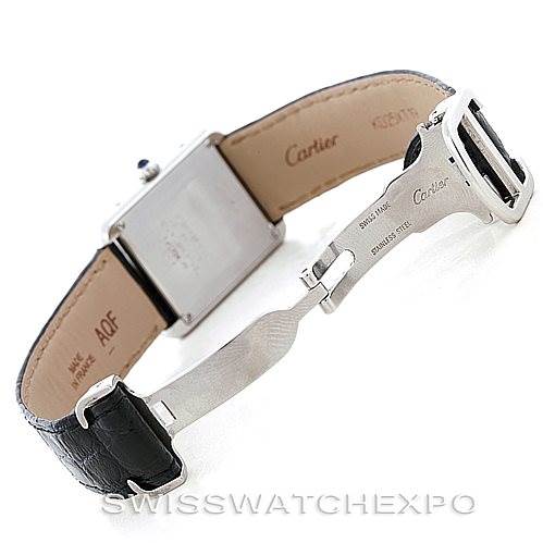 The image shows the underside of a Cartier Tank Solo W1018255 Women's Stainless Steel Silver Dial W1018255 Women's Stainless Steel Silver Dial watch with the clasp open.