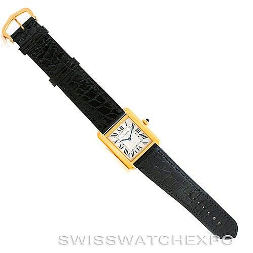 The image shows a top view of a Cartier Tank Solo W1018755 Women's Steel and Gold (two tone) Silver Dial W1018755 Women's Steel and Gold (two tone) Silver Dial watch, highlighting the entire watch face and black leather strap.