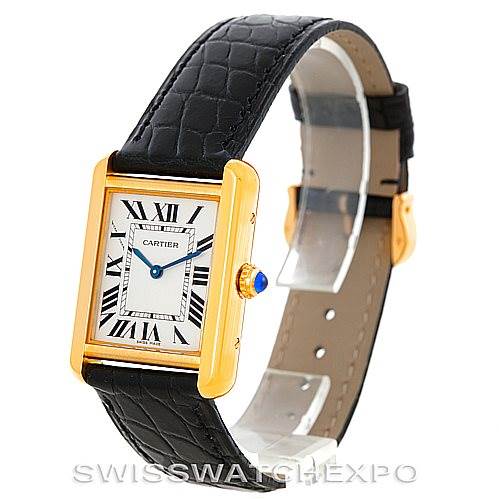 The image shows a Cartier Tank Solo W1018755 Women's Steel and Gold (two tone) Silver Dial W1018755 Women's Steel and Gold (two tone) Silver Dial watch angled to display the rectangular face, Roman numeral hour markers, and black leather strap.