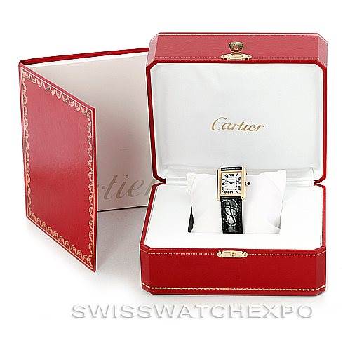 The Cartier Tank Solo W1018755 Women's Steel and Gold (two tone) Silver Dial W1018755 Women's Steel and Gold (two tone) Silver Dial watch is displayed inside its red and white presentation box, with a visible leather strap and rectangular face.
