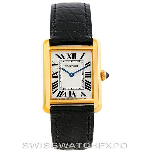 The image shows a front view of a Cartier Tank Solo W1018755 Women's Steel and Gold (two tone) Silver Dial W1018755 Women's Steel and Gold (two tone) Silver Dial watch, highlighting the face, bezel, crown, and black leather strap.
