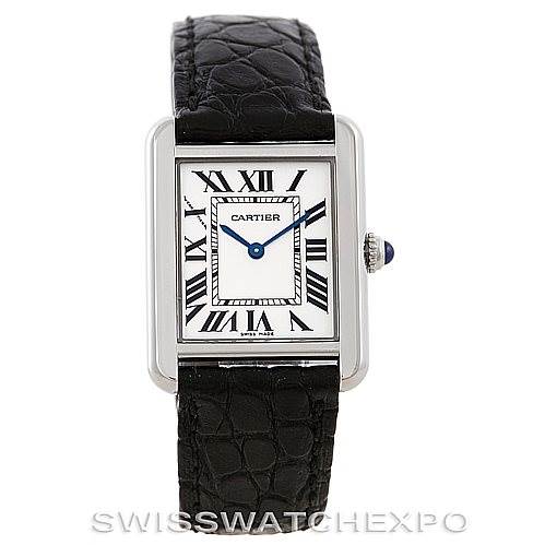 The image shows a front view of the Cartier Tank Solo W1018255 Women's Stainless Steel Silver Dial W1018255 Women's Stainless Steel Silver Dial watch with a black leather strap and Roman numeral dial.