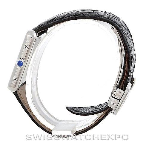 The image shows a side view of a Cartier Tank Solo W1018255 Women's Stainless Steel Silver Dial W1018255 Women's Stainless Steel Silver Dial watch focusing on the case, crown, and leather strap with the buckle.