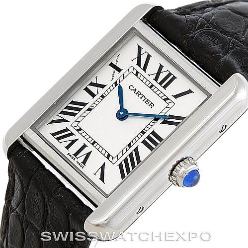 The image shows a Cartier Tank Solo W1018255 Women's Stainless Steel Silver Dial W1018255 Women's Stainless Steel Silver Dial watch at an angle highlighting its rectangular face, blue hands, Roman numerals, and black leather strap.
