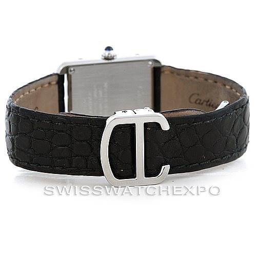 This image shows the back and strap of a Cartier Tank Solo W1018255 Women's Stainless Steel Silver Dial W1018255 Women's Stainless Steel Silver Dial watch with a black leather strap and silver buckle.