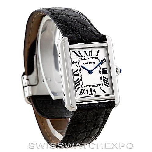 The image shows a Cartier Tank Solo W1018255 Women's Stainless Steel Silver Dial W1018255 Women's Stainless Steel Silver Dial watch from a three-quarter angle, highlighting its face, bezel, and leather strap.