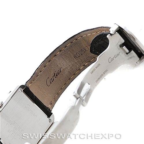 The image shows the inner side of the leather strap and clasp of a Cartier Tank Solo W1018255 Women's Stainless Steel Silver Dial W1018255 Women's Stainless Steel Silver Dial watch.