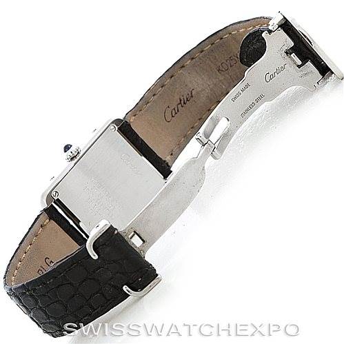 The image shows the back of a Cartier Tank Solo W1018255 Women's Stainless Steel Silver Dial W1018255 Women's Stainless Steel Silver Dial watch, including the clasp, leather strap, and part of the watch case.