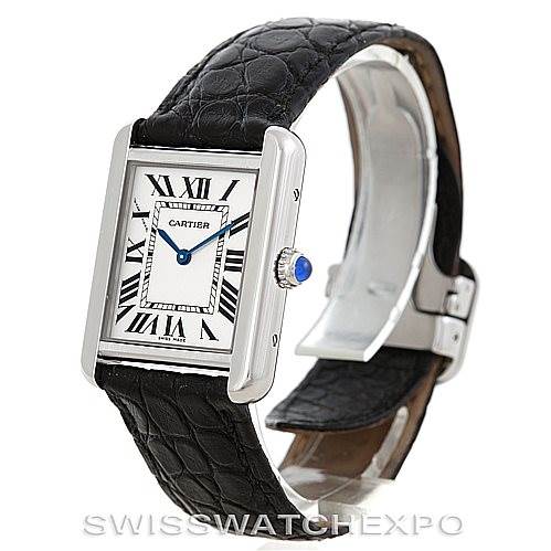 The image shows a side angle of the Cartier Tank Solo W1018255 Women's Stainless Steel Silver Dial W1018255 Women's Stainless Steel Silver Dial watch, highlighting the face, strap, and clasp.