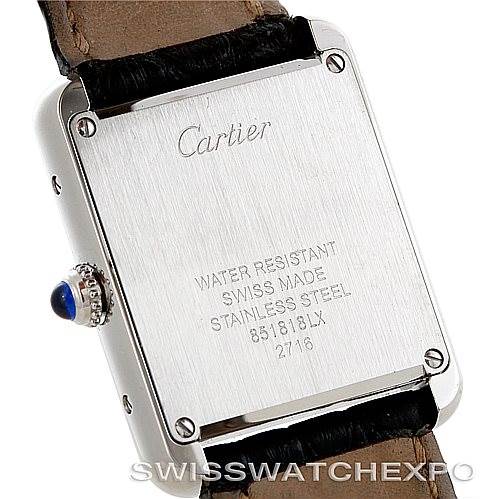 The image shows the back view of a Cartier Tank Solo W1018255 Women's Stainless Steel Silver Dial W1018255 Women's Stainless Steel Silver Dial watch, highlighting the stainless steel case, engraved details, and crown.
