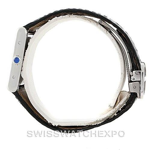 The image shows a Cartier Tank Solo W1018255 Women's Stainless Steel Silver Dial W1018255 Women's Stainless Steel Silver Dial watch from a side profile, highlighting the crown, case, and leather strap.