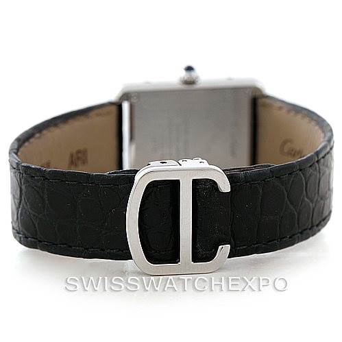 This image shows the back view of a Cartier Tank Solo W1018255 Women's Stainless Steel Silver Dial W1018255 Women's Stainless Steel Silver Dial watch, highlighting its black leather strap and metal clasp.