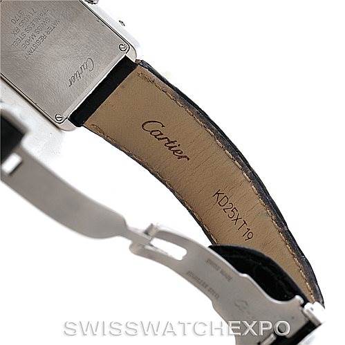 This image shows the strap and case back of a Cartier Tank Solo W1018255 Women's Stainless Steel Silver Dial W1018255 Women's Stainless Steel Silver Dial watch viewed from an angled side perspective.