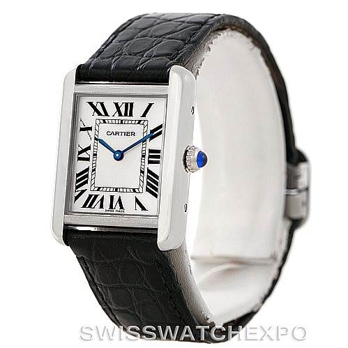 The image shows a Cartier Tank Solo W1018255 Women's Stainless Steel Silver Dial W1018255 Women's Stainless Steel Silver Dial watch from a front angle, highlighting its rectangular case, black leather strap, and crown.