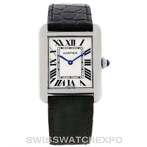 This image shows a front view of the Cartier Tank Solo W1018255 Women's Stainless Steel Silver Dial W1018255 Women's Stainless Steel Silver Dial watch, displaying its rectangular face, Roman numerals, and black leather strap.