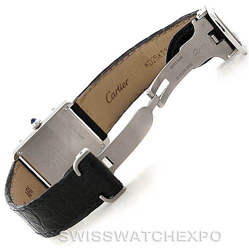 The image shows a side view of the Cartier Tank Solo W1018255 Women's Stainless Steel Silver Dial W1018255 Women's Stainless Steel Silver Dial watch, focusing on its strap and deployment clasp.