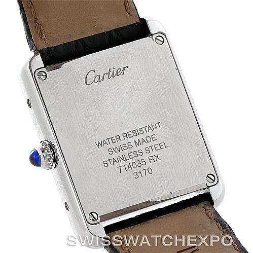 This image shows the back of a Cartier Tank Solo W1018255 Women's Stainless Steel Silver Dial W1018255 Women's Stainless Steel Silver Dial watch, highlighting its stainless steel case and engraved details.