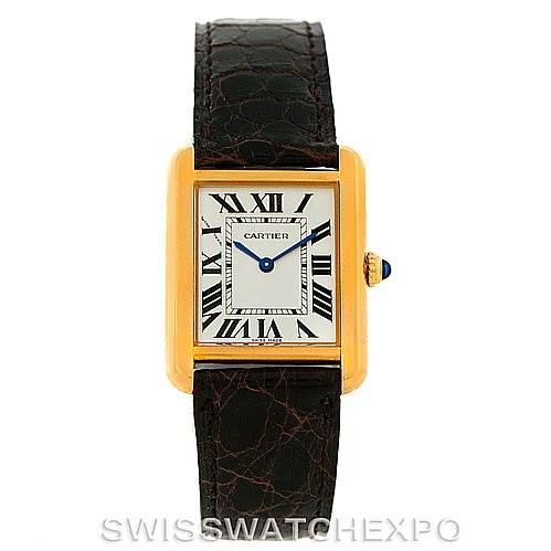 This image shows a frontal view of the Cartier Tank Solo W1018755 Women's Steel and Gold (two tone) Silver Dial W1018755 Women's Steel and Gold (two tone) Silver Dial watch, highlighting its rectangular face, roman numerals, and leather strap.