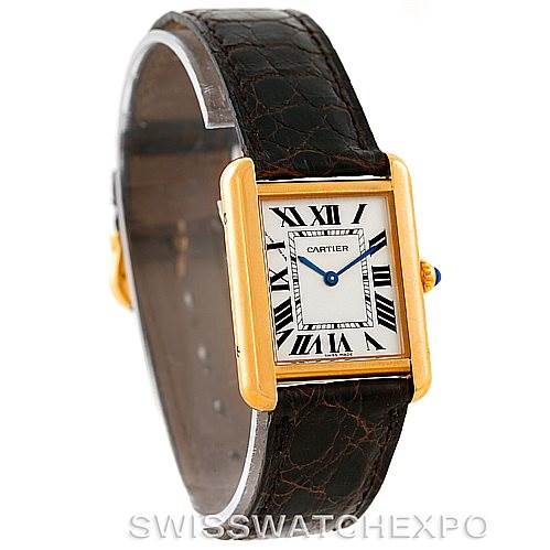 The image shows a Cartier Tank Solo W1018755 Women's Steel and Gold (two tone) Silver Dial W1018755 Women's Steel and Gold (two tone) Silver Dial watch from a front-side angle, highlighting its rectangular face, roman numerals, and leather strap.