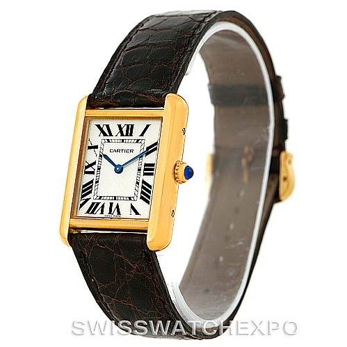 The image shows an angled front and side view of the Cartier Tank Solo W1018755 Women's Steel and Gold (two tone) Silver Dial W1018755 Women's Steel and Gold (two tone) Silver Dial watch, highlighting its dial, strap, crown, and case.
