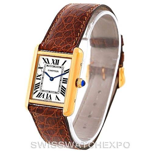 The image shows a side-angle view of a Cartier Tank Solo W1018755 Women's Steel and Gold (two tone) Silver Dial W1018755 Women's Steel and Gold (two tone) Silver Dial watch, highlighting its rectangular face, gold case, brown leather strap, and blue crown.
