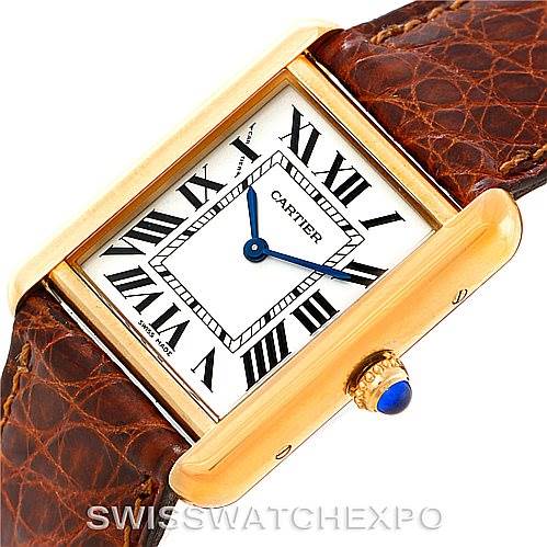 The image shows a Cartier Tank Solo W1018755 Women's Steel and Gold (two tone) Silver Dial W1018755 Women's Steel and Gold (two tone) Silver Dial watch at an angle with a focus on its rectangular face, roman numerals, and brown leather strap.