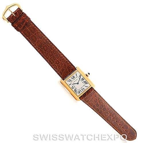 The image shows a Cartier Tank Solo W1018755 Women's Steel and Gold (two tone) Silver Dial W1018755 Women's Steel and Gold (two tone) Silver Dial watch from a top-down angle, highlighting the brown leather strap and rectangular dial with Roman numerals.