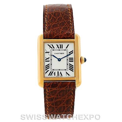 The image shows a front view of the Cartier Tank Solo W1018755 Women's Steel and Gold (two tone) Silver Dial W1018755 Women's Steel and Gold (two tone) Silver Dial watch featuring a rectangular face, Roman numerals, and a brown leather strap.