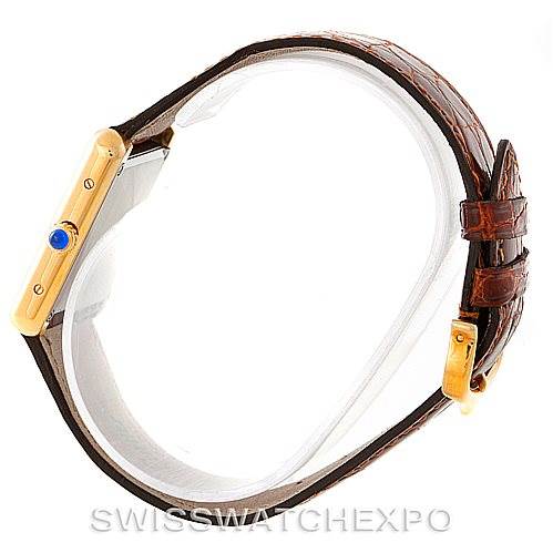 The image displays a side view of the Cartier Tank Solo W1018755 Women's Steel and Gold (two tone) Silver Dial W1018755 Women's Steel and Gold (two tone) Silver Dial watch, highlighting its leather strap, gold case, and blue crown.