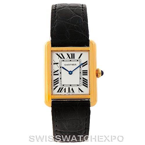 This image shows a full frontal view of the Tank Solo model watch by Cartier, with its black leather strap and rectangular gold case.
