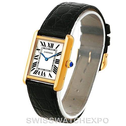 This image shows a Cartier Tank Solo W1018755 Women's Steel and Gold (two tone) Silver Dial W1018755 Women's Steel and Gold (two tone) Silver Dial watch at a three-quarter angle, displaying its face, black leather strap, and gold casing.