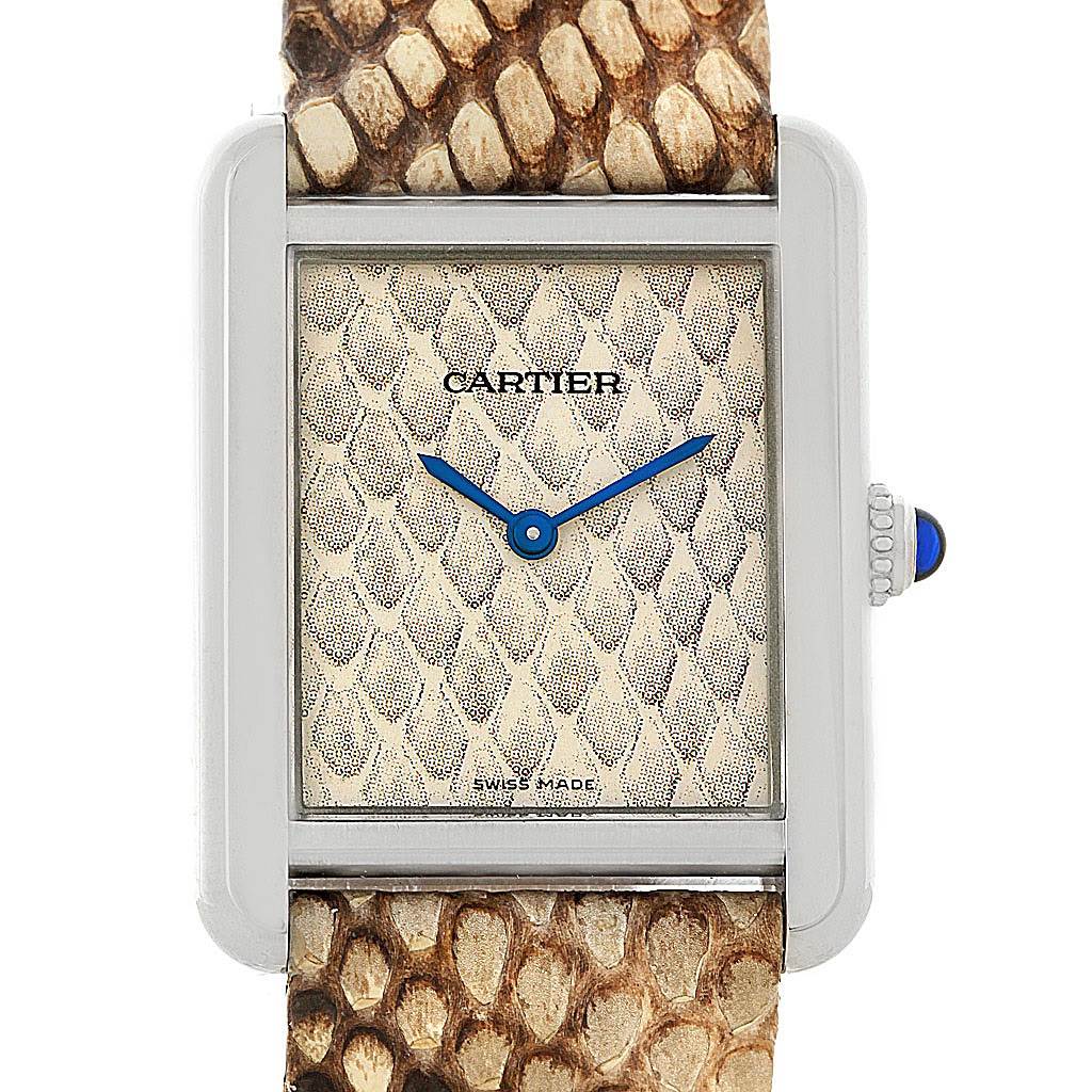 The image shows a front view of the Cartier Tank Solo W5200020 Women's Stainless Steel Blue Dial W5200020 Women's Stainless Steel Blue Dial watch, highlighting its face, bezel, and patterned strap.