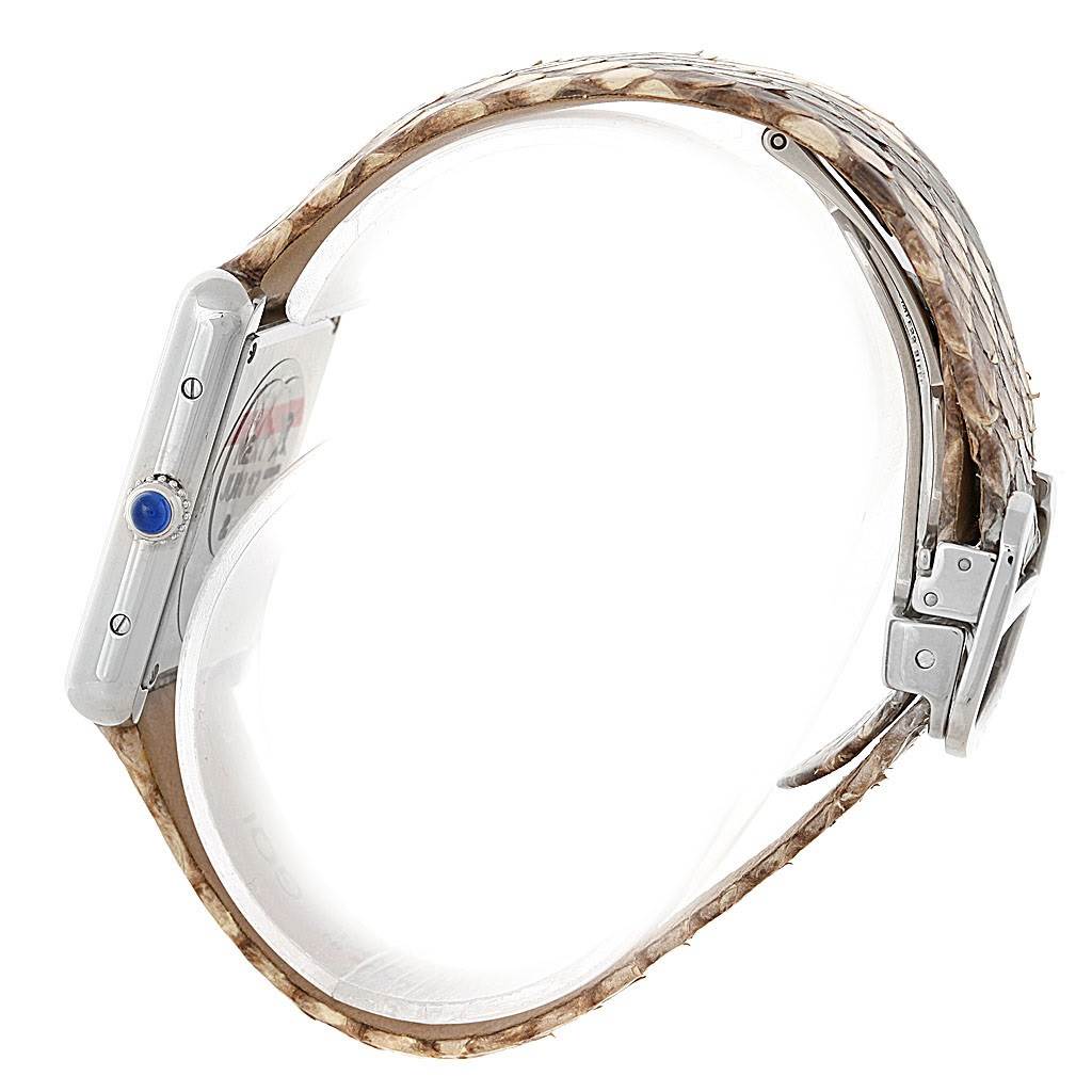 This image shows a side view of the Cartier Tank Solo W5200020 Women's Stainless Steel Blue Dial W5200020 Women's Stainless Steel Blue Dial watch, highlighting the crown, case, and part of the snake-skin strap.