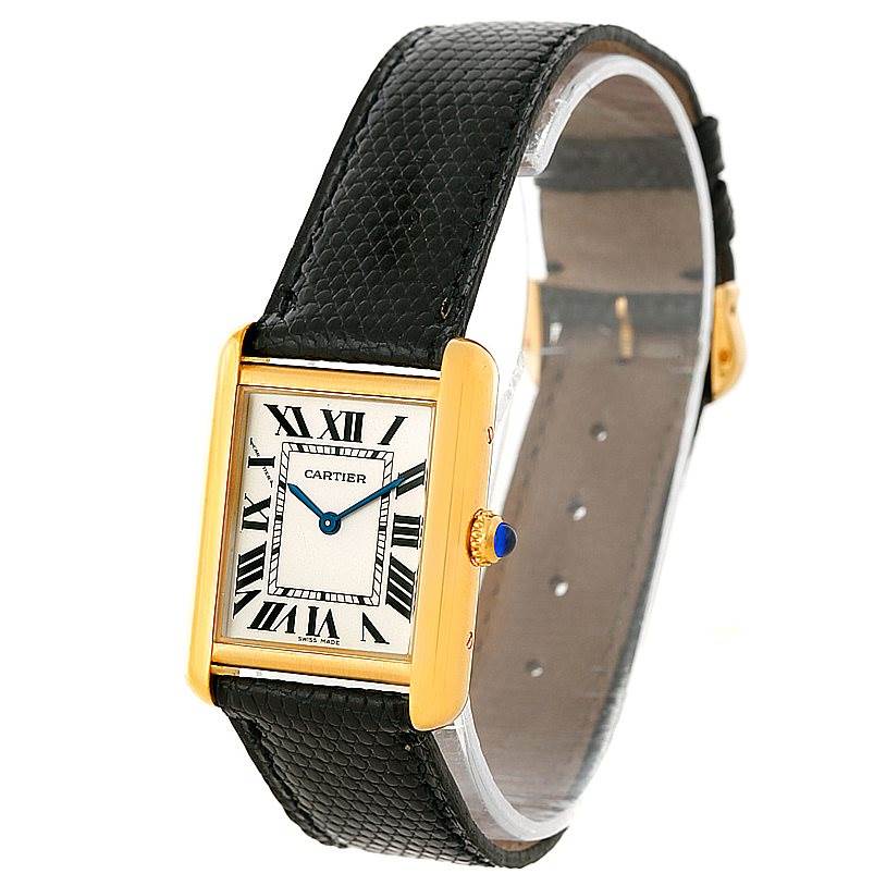 The image shows a Cartier Tank Solo W1018755 Women's Steel and Gold (two tone) Silver Dial W1018755 Women's Steel and Gold (two tone) Silver Dial watch at a slight angled view, highlighting the face, bezel, and leather strap.