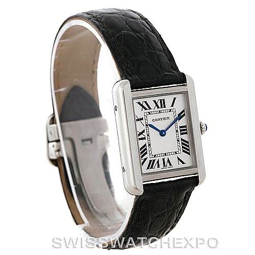 The image shows a Cartier Tank Solo W1018255 Women's Stainless Steel Silver Dial W1018255 Women's Stainless Steel Silver Dial watch angled from the front-left, highlighting its rectangular face, Roman numeral dial, and black leather strap.