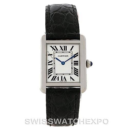 The image shows a frontal view of the Cartier Tank Solo W1018255 Women's Stainless Steel Silver Dial W1018255 Women's Stainless Steel Silver Dial watch, displaying its face, black leather strap, and crown detail.