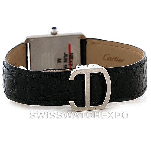 The image shows the back view of a Cartier Tank Solo W1018255 Women's Stainless Steel Silver Dial W1018255 Women's Stainless Steel Silver Dial watch, highlighting its leather strap and clasp.