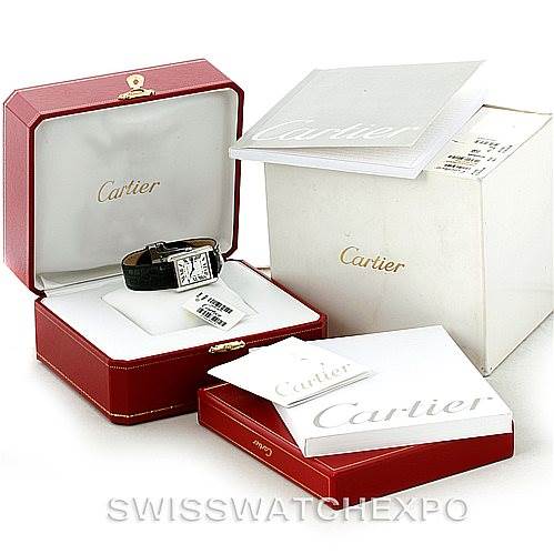 This image shows a Cartier Tank Solo W1018255 Women's Stainless Steel Silver Dial W1018255 Women's Stainless Steel Silver Dial watch at an angle, inside its box along with the outer packaging and accompanying documentation.