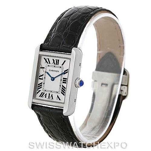 The image shows a Cartier Tank Solo W1018255 Women's Stainless Steel Silver Dial W1018255 Women's Stainless Steel Silver Dial watch at a three-quarter angle, displaying the watch face, crown, and leather strap.