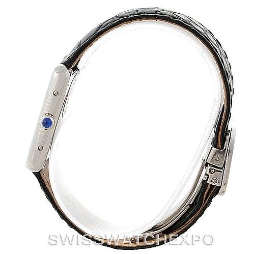 The image shows a side view of the Cartier Tank Solo W1018255 Women's Stainless Steel Silver Dial W1018255 Women's Stainless Steel Silver Dial watch, including the bezel, crown, and part of the strap and buckle.