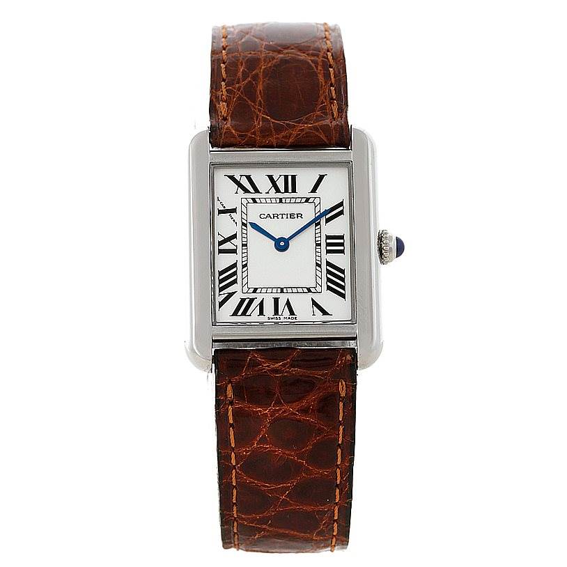 This image shows the Cartier Tank Solo W1018255 Women's Stainless Steel Silver Dial W1018255 Women's Stainless Steel Silver Dial watch from a top-down angle with a brown leather strap and a rectangular dial.