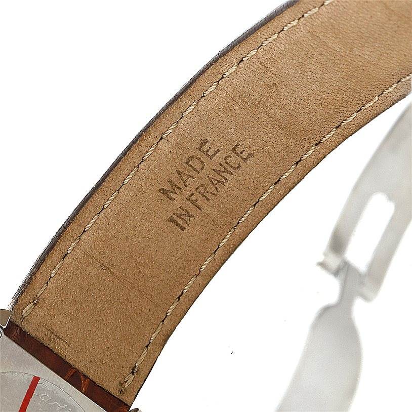 This image shows the underside of the leather strap of a Cartier Tank Solo W1018255 Women's Stainless Steel Silver Dial W1018255 Women's Stainless Steel Silver Dial watch with "MADE IN FRANCE" text.