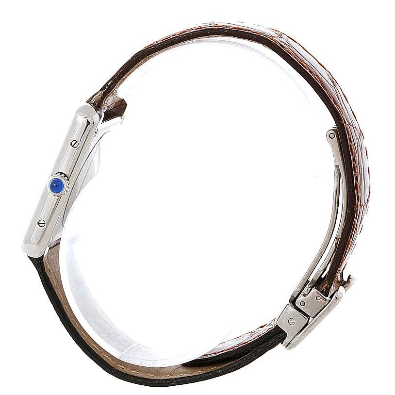 The image shows a side profile view of the Cartier Tank Solo W1018255 Women's Stainless Steel Silver Dial W1018255 Women's Stainless Steel Silver Dial watch, highlighting the crown, case side, and part of the strap with its buckle.