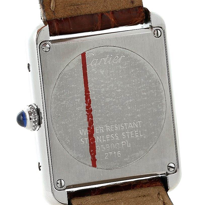 The image shows the back case of a Cartier Tank Solo W1018255 Women's Stainless Steel Silver Dial W1018255 Women's Stainless Steel Silver Dial watch with a visible stainless steel case and leather strap.