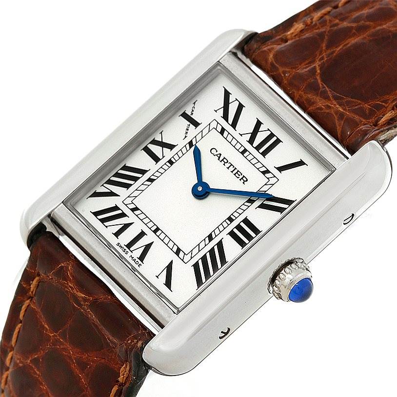 The Tank Solo Cartier watch is shown at an angled view, highlighting its rectangular face, Roman numerals, blue hands, and brown leather strap.