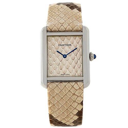 This image shows a front view of a Tank Solo model by Cartier, with a reptile-patterned strap and a rectangular face.