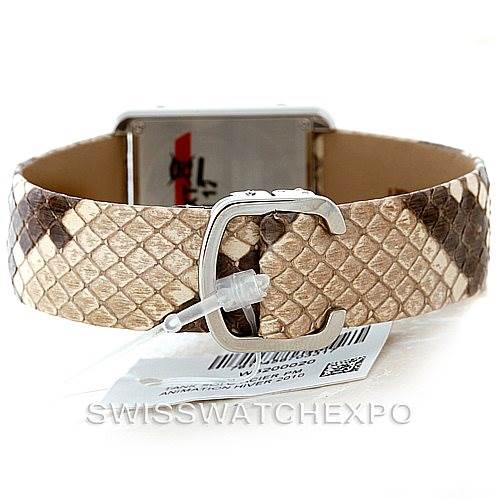 The image shows the back and buckle of the Cartier Tank Solo W5200020 Women's Stainless Steel Blue Dial W5200020 Women's Stainless Steel Blue Dial watch with a snakeskin-patterned strap.