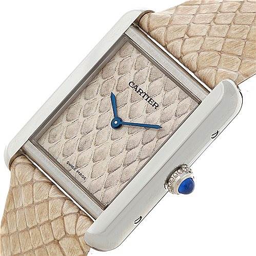 The image shows a close-up, angled view of the Cartier Tank Solo W5200020 Women's Stainless Steel Blue Dial W5200020 Women's Stainless Steel Blue Dial watch, highlighting its patterned dial, blue hands, and beige leather strap.