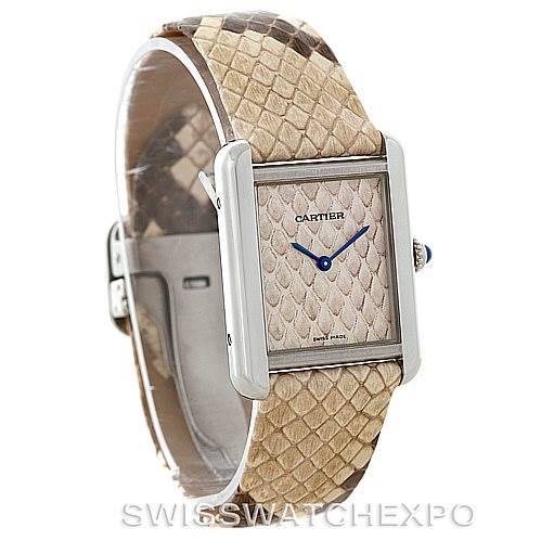 The image shows a Cartier Tank Solo W5200020 Women's Stainless Steel Blue Dial W5200020 Women's Stainless Steel Blue Dial watch at a slight angle, displaying the face, bezel, crown, and snake-skin pattern strap.