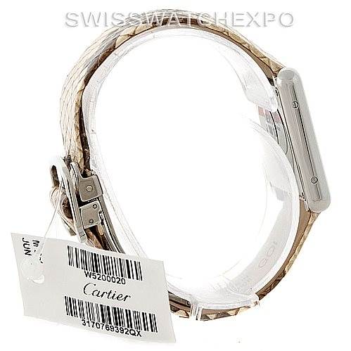 The image shows a side profile of a Cartier Tank Solo W5200020 Women's Stainless Steel Blue Dial W5200020 Women's Stainless Steel Blue Dial watch, displaying the strap, side case, and tag.